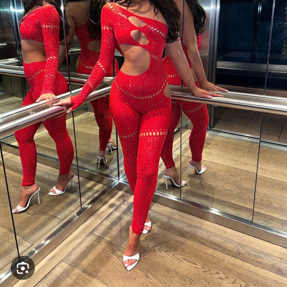 Red Cut-Out Jumpsuit - Picture 12 of 16